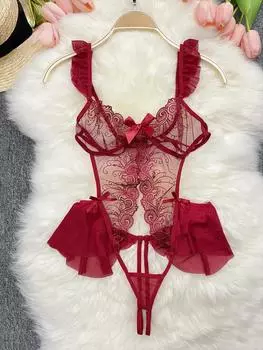 2024 Прозрачный кружевной комбинезон с бантом, женские сексуальные комбинезоны с вырезами, порно, нижнее белье, женский комбинезон с открытой промежностью, модные прозрачные комбинезоны с ремешком One Size