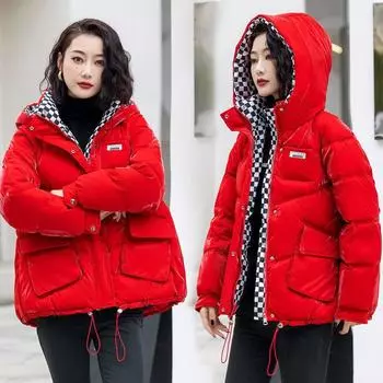 2024 пуховая хлопковая подстежка женская зимняя непромокаемая глянцевая модная хлопковая подстежка свободные хлопковые подстежки куртки для хлеба M [90-55 kg] красный