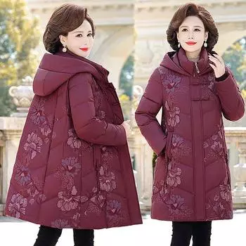2024 пуховик для мам среднего и пожилого возраста, женская средняя и длинная зимняя вышитая пряжка-диск, куртка для бабушек, большой размер, свободный XL кирпич красный