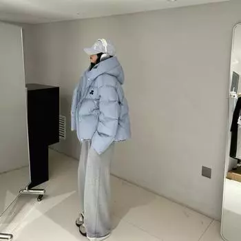 2024 пуховик с капюшоном женский зимний новый дизайн нишевая утолщенная куртка с вышивкой average size 90-72.5 kg светло-синий