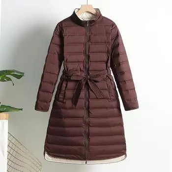 2024 пуховик женский легкий и длинный воротник-стойка бесшовный клеевой прессованный для сохранения тепла и облегания, модное контрастное пальто M хаки