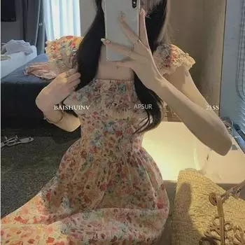 2024 Pure Desire Цветочное квадратное вырезное платье Slim Fit Длинное S красный