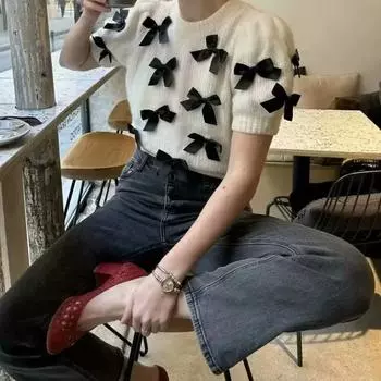 2024 Ранняя осень Новый дизайн Sense Niche Универсальный топ с круглым вырезом Белый с бантом Приталенный свитер с короткими рукавами S белый