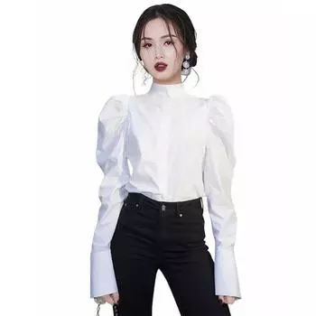 2024 Ранняя весна Новая женская одежда Европейские товары Белая рубашка Рукава-буфы Маленькая рубашка Западный стиль Благородная Деловая одежда Блузка для поездок на работу White M