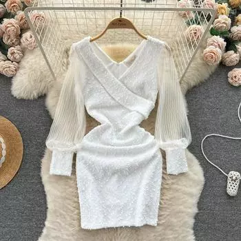 2024 Ранняя весна, новый дизайн, плиссированная сетка, пышные рукава, лоскутное платье, облегающее, короткая юбка до бедра, темпераментное платье S белый