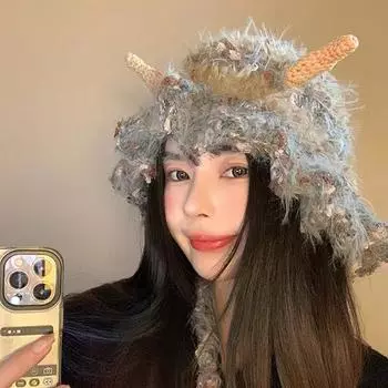 2024 разноцветная плюшевая теплая рыбацкая шапка с изображением рожицы из ягненка, детская зимняя ветрозащитная шапка для бассейна M (56-58cm) lamb horn коричневый