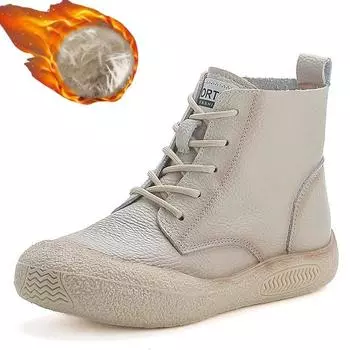 2024 Real cow leather boots women s winter waterproof plush shoes ladies lace up flats furry ankle boots woman warm snow shoes 35