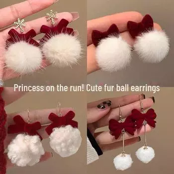 2024 Red Velvet Bow Plush Earrings: Unique Autumn-Winter Fur Ball Design for Women