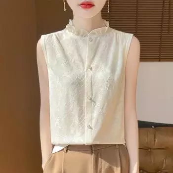 2024 Ретро-китайский кардиган без рукавов с кружевом - облегающий крой, большой размер M