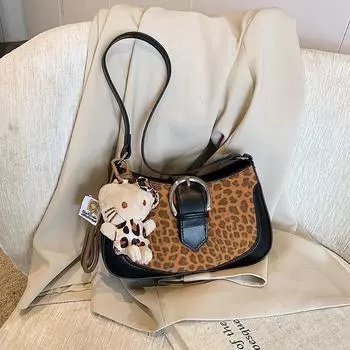 2024 Ретро леопардовый принт сумки через плечо и сумки-мессенджеры для женщин: Повседневный стиль осень/зима подмышки 25*7.5*15 коричневый/чёрный
