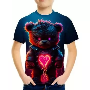 2024 Ретро Медведь 3D Принт Топ Футболка Модная Футболка Животное Дети Мальчик Одежда Аниме Короткий Рукав Повседневная Детская Одежда 100CM