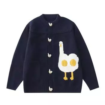 2024 Ретро Милый Гусь Свитер Кардиган - Женский Милый Свободный Трикотажный Топ для Осени и Зимы Medium темно-синий