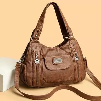 2024 Ретро Мягкая Кожаная Мотоциклетная Сумка Через Плечо - Модная Женская Сумка Через Плечо в Европейском и Американском Стиле серый