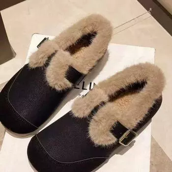 2024 ретро новые удобные и теплые туфли для бабушек женские туфли с одной педалью пушистые туфли для беременных хлопковая обувь 35 чёрный