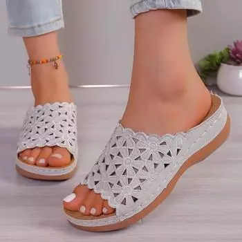 2024 Ретро Полый Цветок Женские Летние Босоножки Слипоны На Толстой Подошве Женские Мягкие и Удобные Тапочки С Открытым Носком 36 светло-серый