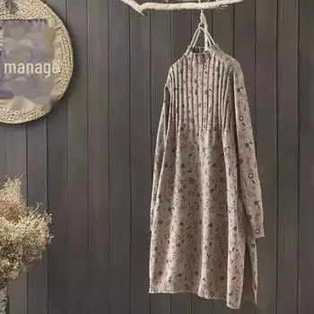 2024 Ретро-принт хлопковое платье-свитер средней длины с полувысоким воротником Plus Size хаки