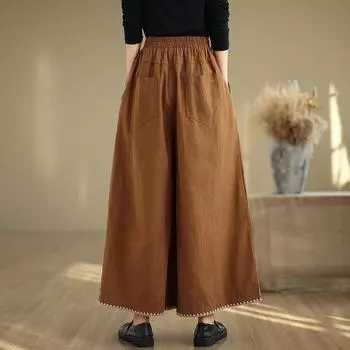 2024 ретро японские свободные, милые и простые универсальные вышитые женские брюки из хлопка и льна One size