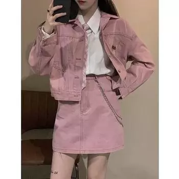 2024 Ретро Розовый Джинсовый Комплект Из Двух Частей Женский Отложной Воротник Короткая Куртка Карманная Мини Юбка Женский Элегантный Джинсовый Модный Офис Леди Наборы S розовый