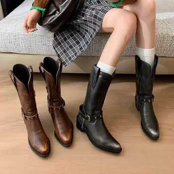 2024 Ретро-сапоги в стиле вестерн до середины икры с пряжкой на ремне, боковой молнией и толстым каблуком для женщин 34 темно-коричневого