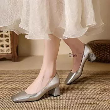 2024 Retro Square Headed High Heels Women s Thick Heels New Soft Leather Single Shoes Kitten Heels Elegant Women Heeled Shoes 34 чёрный