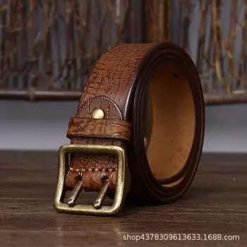 2024 Ретро Старый Тренд Персонализированный Двойной Иглы Медная Пряжка Ремень Мужской Натуральная Кожа Чистый Воловья Кожа Джинсовый Ремень 100cm