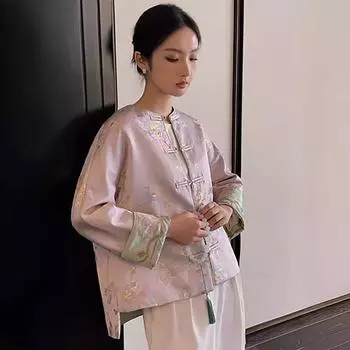 2024 Ретро Стеганая Вышитая Куртка в Китайском Стиле с Застежками-Лягушками Double Extra Large