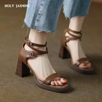 2024 Ретро Стиль Женские Сандалии Ремешок На Щиколотке Толстые Туфли На Высоком Каблуке Женские Летние Туфли Из Натуральной Кожи Офисные Дамы Вечерние Туфли-Лодочки Сандалии 34 чёрный