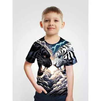 2024 Ретро Тигр Модная футболка с принтом животных 3D Футболка Детская одежда для мальчиков Аниме с коротким рукавом Повседневная детская одежда 100CM