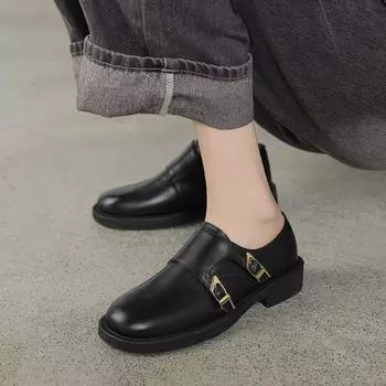 2024 Ретро Туфли для Женщин Винтаж Круглый Носок Простые Туфли Женские Мягкие Кожаные Низкие Каблуки Слипоны Качественные Европейские Оксфорды 34 чёрный