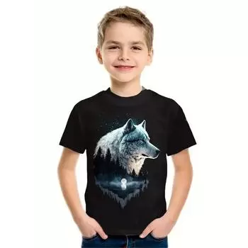 2024 Ретро Волк 3D Принт Топ Футболка Модная Футболка Животное Дети Мальчик Одежда Аниме Короткий Рукав Повседневная Детская Одежда 110