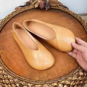 2024 Ретро Женские Кожаные Удобные Балетки Натуральная Кожа Слипоны Неглубокие Лоферы Офисные Туфли-лодочки Женские Туфли На Плоской Подошве Для Женщин 35 коричневый