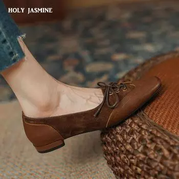 2024 Ретро Женские Туфли-лодочки С Квадратным Носком Низкий Каблук Повседневная Рабочая Обувь Женская Весна Лето Натуральная Кожа Офисные Женские Лоферы 34 чёрный