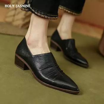 2024 Ретро Женские Туфли-лодочки Толстые Каблуки Острый Нос Натуральная Кожа Лаконичные Туфли Женские Весна Лето Базовые Офисные Дамы Работа Новинка 34 чёрный