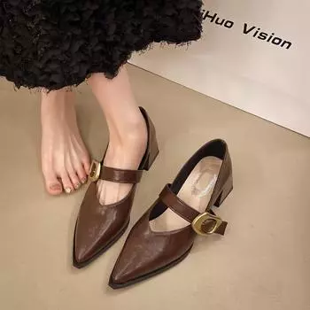 2024 Ретро женские туфли на высоком каблуке Модные туфли-лодочки на среднем каблуке с острым носком для вечеринок Женские туфли Мэри Джейн из мягкой кожи Размер 35-41 35 чёрный
