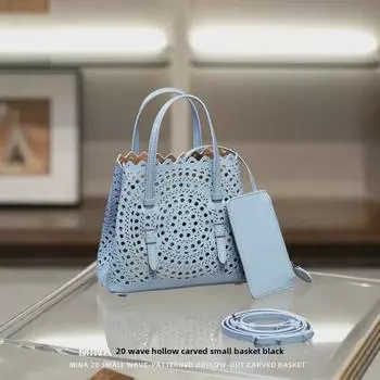 2024 Резная кожаная сумка-тоут: Mina женская сумка-мессенджер из коровьей кожи с одним плечом и полой корзиной 20x18x10 CM: Without gift box белый