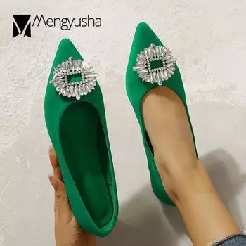 2024 Rhinestone Buckle Shoes Ladies Soft Bottomed Flats Women Satin Loafers Big Size 41/42 Pointed Toe Crystal Ballerina Femme 6 чёрный