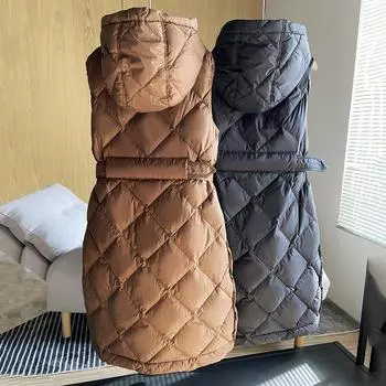 2024 ромбовидная сетка с капюшоном средней и длинной белой утиной пуховой жилеткой европейской версии пуховик женский жилет M