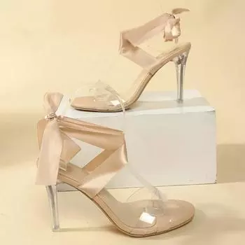 2024 Ribbon Bow Women s Sandals PVC Jelly Transparent High Heels Summer Sexy Round Toe Lace Up Shoes Plus Size 35 бежевый