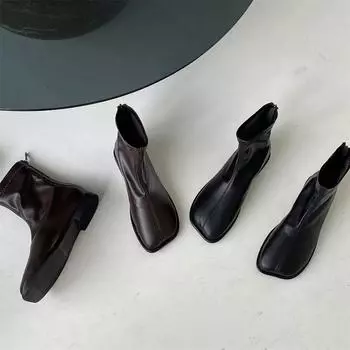 2024 Rock Shoes Woman Autumn Boots Flat Hooks Zipper Boots-Women Ladies Ankle Leather Rubber Low 2024 Fabric Square Toe Rome Basic Sol 35 коричневый