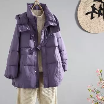 2024 роговая пряжка зимняя новая женская короткая куртка-пуховик с капюшоном утолщенная теплая белая куртка на утином пуху One Size фиолетовый
