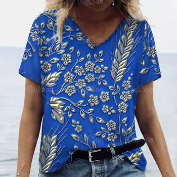 2024 Роскошная женская футболка с 3D принтом цветов и травы, женская трендовая одежда больших размеров, модная рубашка с коротким рукавом, женский топ с v-образным вырезом XL
