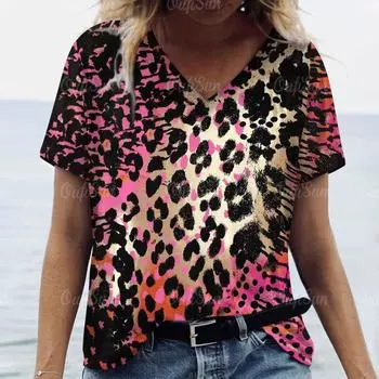 2024 Роскошная женская футболка с 3D тигровым принтом, топ с животным, женская трендовая одежда больших размеров, модная рубашка с коротким рукавом, женская футболка с v-образным вырезом XL