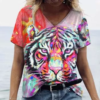 2024 Роскошная женская футболка с 3D тигровым принтом, топ с животным, женская трендовая одежда больших размеров, модная рубашка с коротким рукавом, женская футболка с v-образным вырезом S