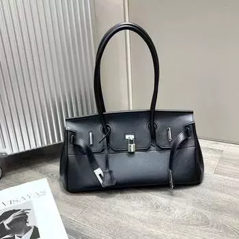 2024 Роскошная женская сумка цвета платины: Настоящая коровья кожа TOGO, двухслойный дизайн, подмышечная модель с серебряной пряжкой 39 x 13.5 x 14 cm чёрный