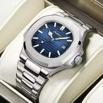 2024 Роскошные часы Мужская мода Классика Нержавеющая сталь Водонепроницаемые светящиеся часы с календарем Кварцевые часы Лучший бренд класса люкс Мужские часы синий