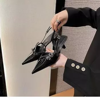2024 Роскошные дизайнерские летние женские сандалии, модные элегантные туфли с острым носком, женские сексуальные босоножки на высоком каблуке для вечеринок 34 чёрный