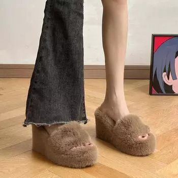 2024 Роскошные Новые Женские Женские Туфли На Высоком Каблуке Меховые Тапочки Универсальные Тапочки Круглые Носки Танкетка с Мехом Норки 35 бежевый