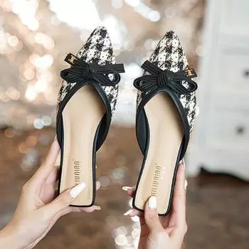 2024 Роскошные тапочки с узором «гусиная лапка» Женские твидовые туфли с бантом на плоской подошве Мюли Женские удобные шлепанцы Сандалии Женские летние шлепанцы Женские 4.5 чёрный