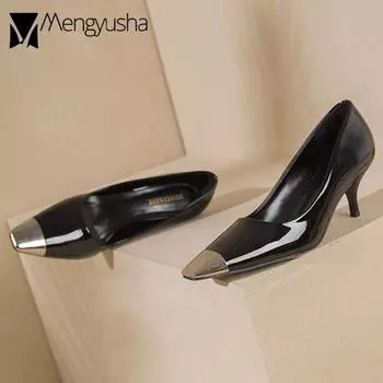 2024 Роскошные туфли-лодочки с острым металлическим носком, женские туфли из лакированной кожи, весенние туфли-стилеты на высоком каблуке, женские вечерние туфли-таконы для свадьбы 5 чёрный