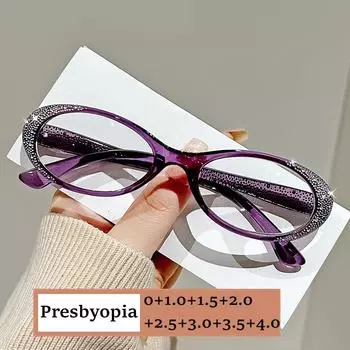 2024 Роскошные женские очки для пожилых людей с защитой от синего света, украшенные бриллиантами, очки для пресбиопии «кошачий глаз», винтажные прозрачные очки для чтения 0 чёрный